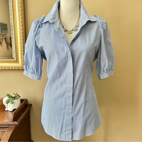 G. Label by Goop Nicole Puff Sleeve Button Down Blue White Stripe Blouse Size 10 - Picture 2 of 10